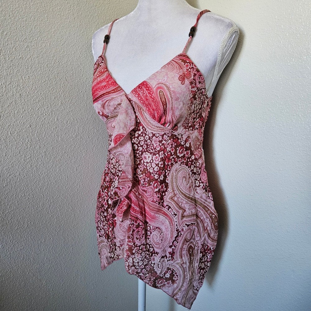 IZ Byer California Pink Paisley Floral Ruffle Handkerchief Hem Camisole